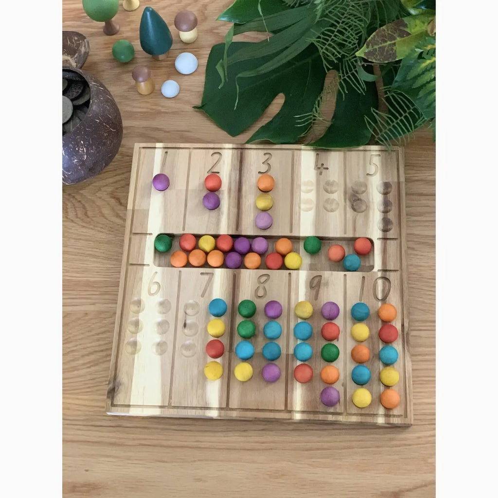 Wooden counting board with colorful beads.