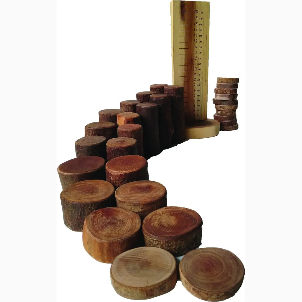 Wooden stacking toy with varying sized discs.