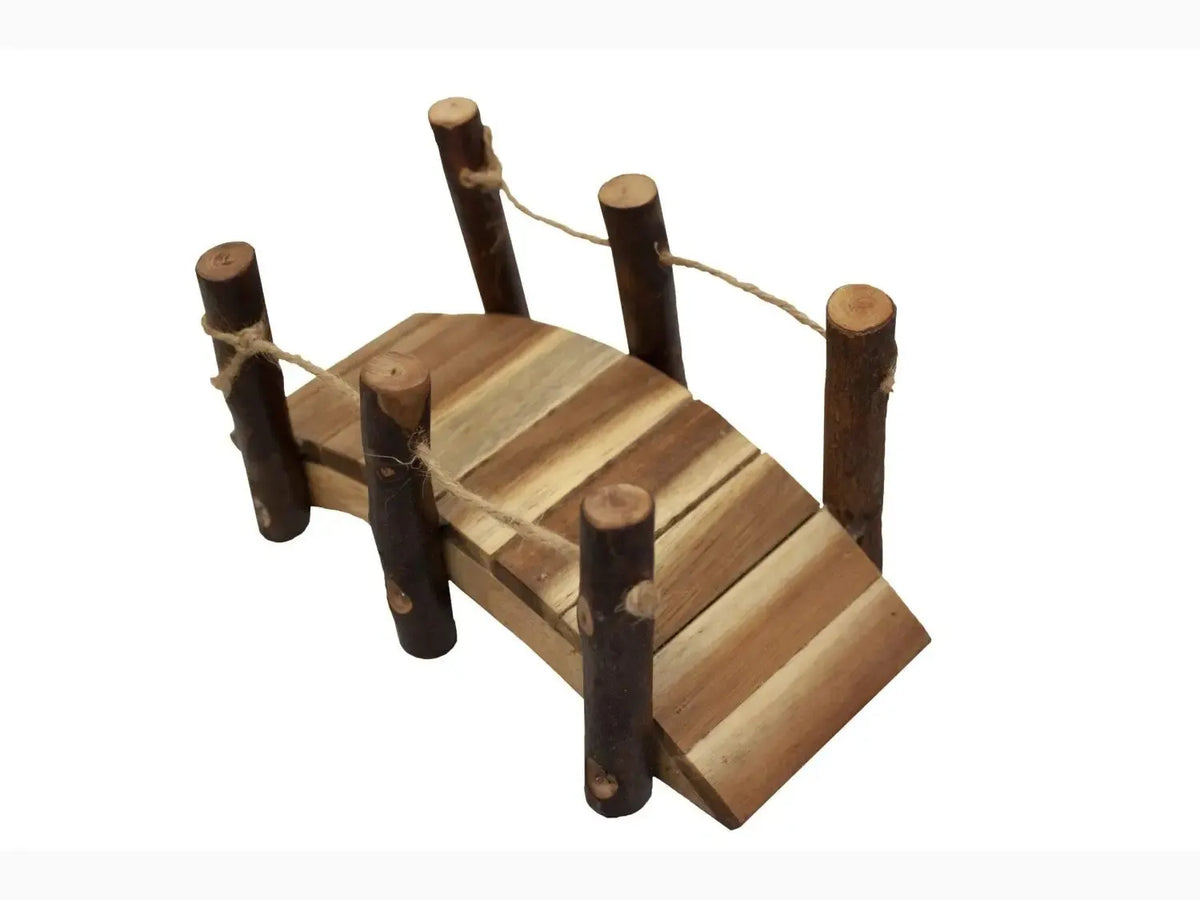 Wooden miniature bridge with arched planks and vertical posts.