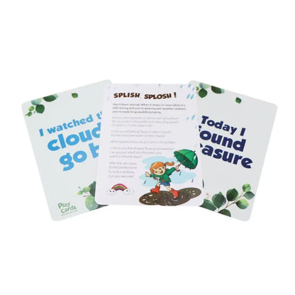 Set of illustrated activity cards with nature-themed prompts and images.