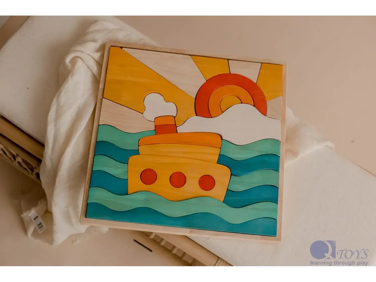 Colorful wooden puzzle depicting a boat on waves under a sun and clouds.