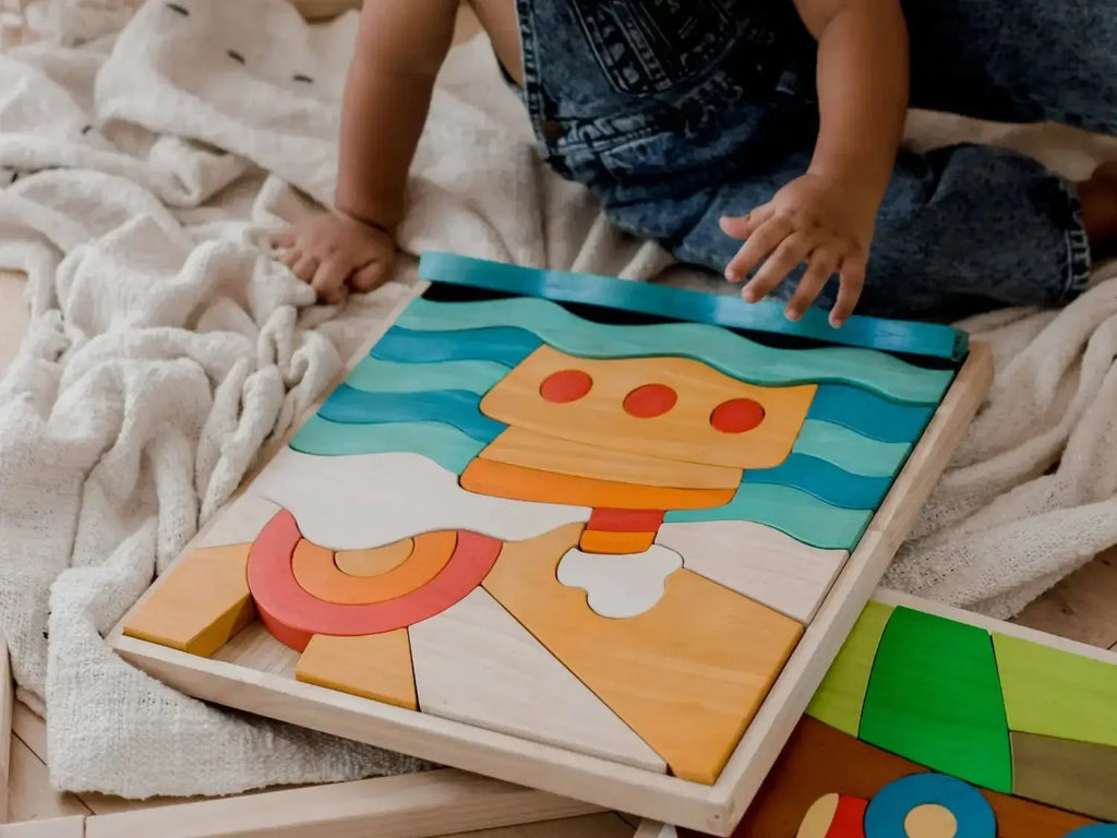 Colorful wooden puzzle depicting a cartoon submarine scene.