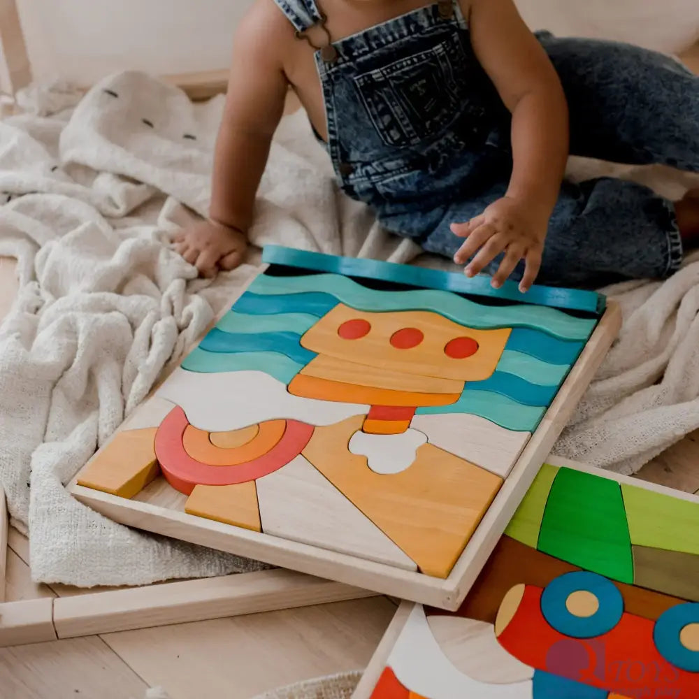 Colorful wooden puzzle depicting a cartoon submarine scene.