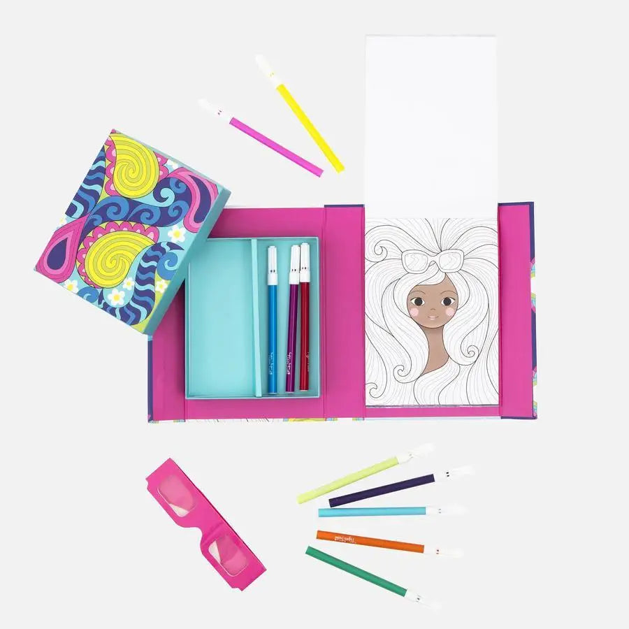 Colorful art supply box with pencils and a partially drawn sketch inside.