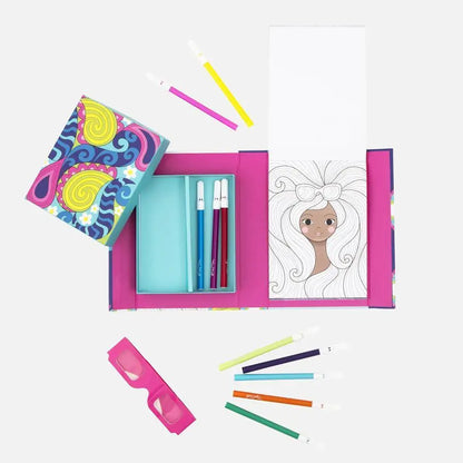 Colorful art supply box with pencils and a partially drawn sketch inside.