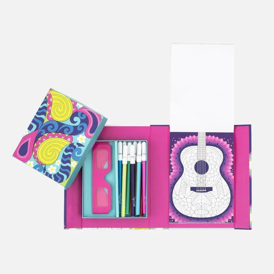 Colorful stationery set featuring a guitar-shaped notebook and pencils in a pink case.