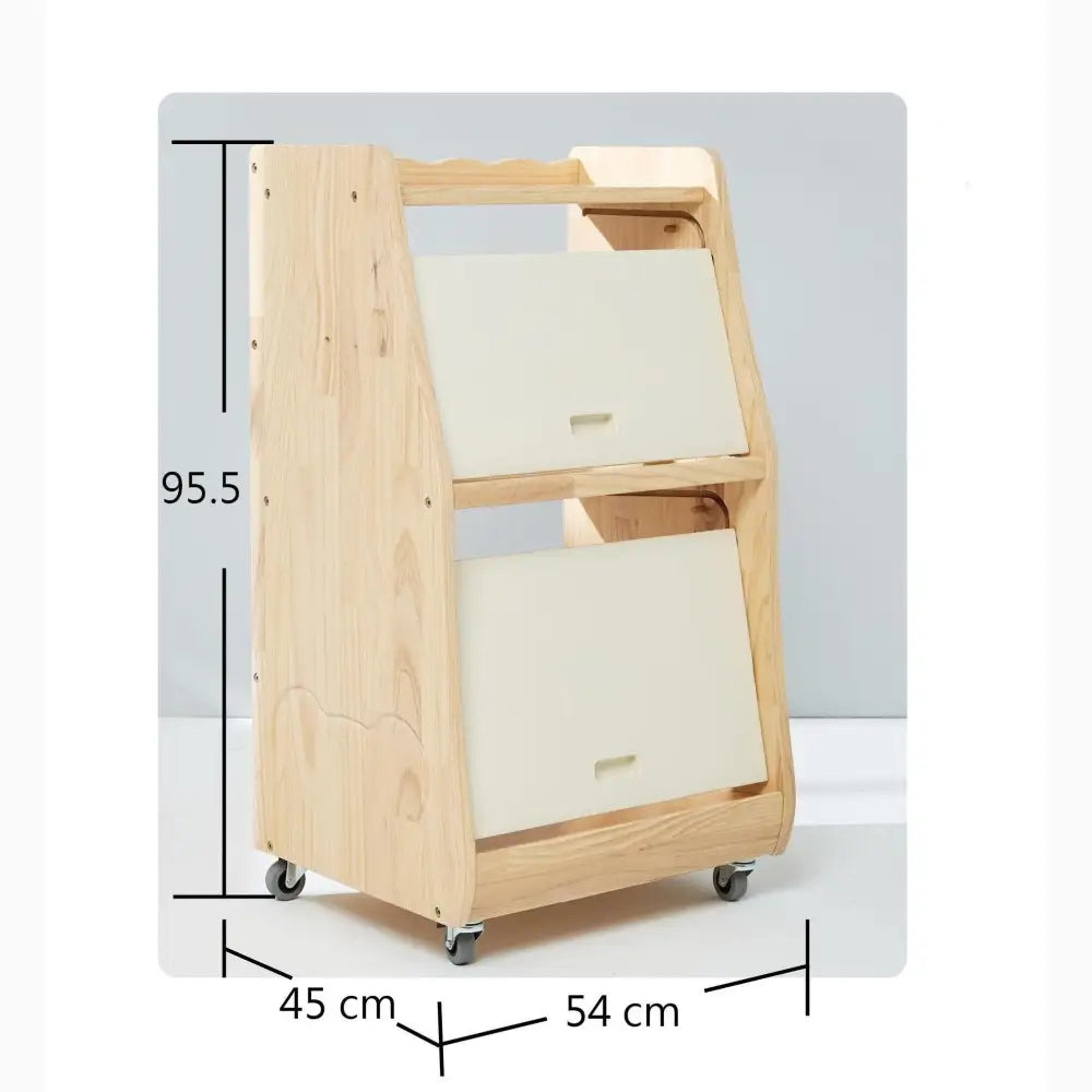 Wooden storage cart with two tilted fabric bins on wheels.