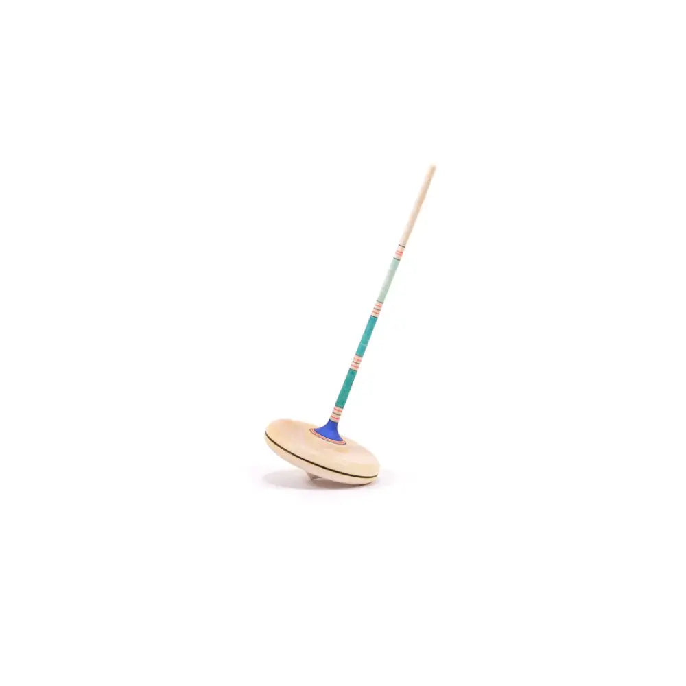 Spinning top toy with a long, colorful handle.