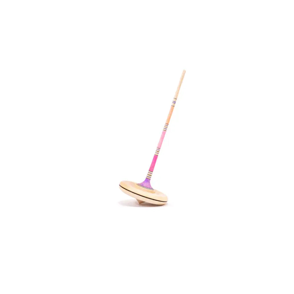 Colorful wooden spinning top with a long handle.