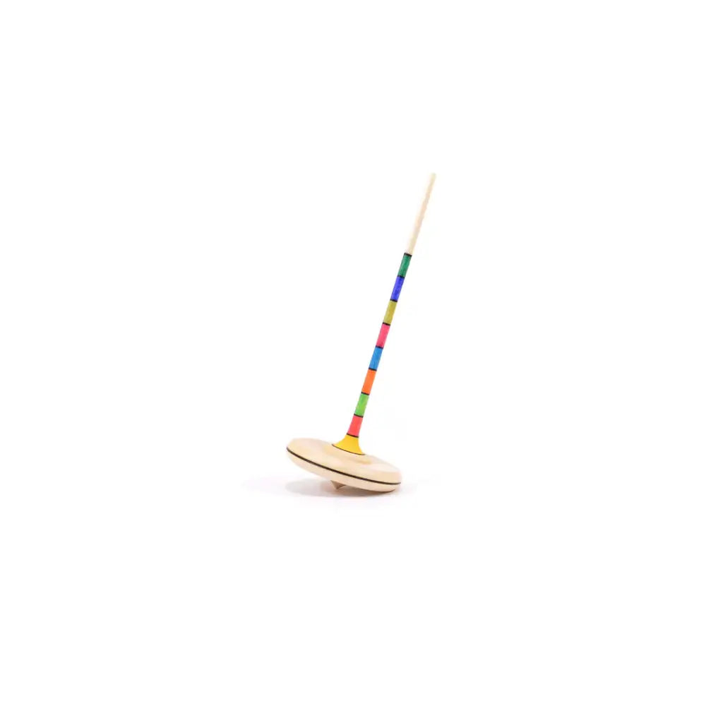 Colorful wooden spinning top with a long handle.