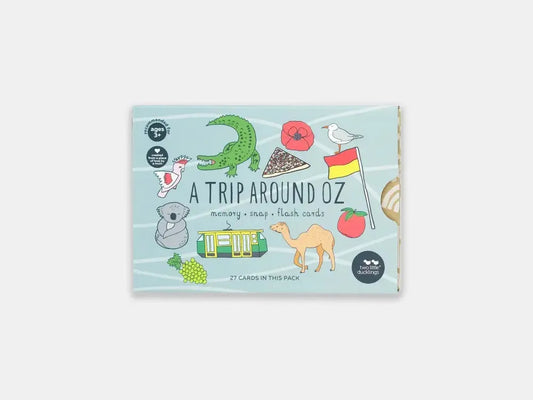 Book cover titled ’A Trip Around Oz’ featuring colorful Australian-themed illustrations.