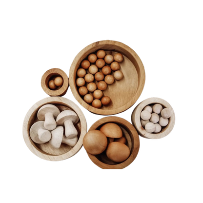Wooden bowls containing various natural objects like eggs, mushrooms, and round items.