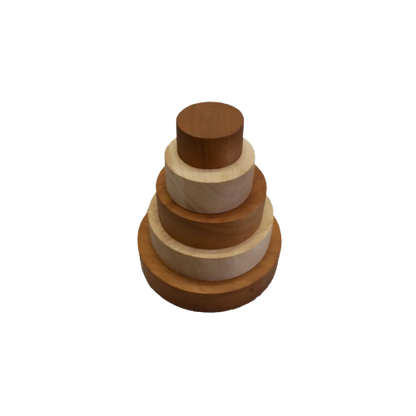 Wooden stacking toy with circular discs in varying shades of brown.