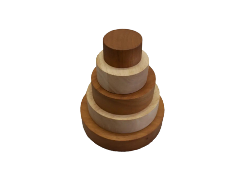 Wooden stacking toy with circular discs in varying shades of brown.