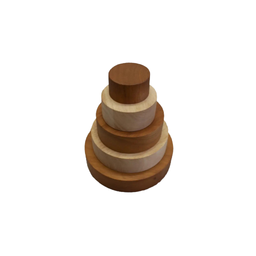 Wooden stacking toy with circular discs in varying shades of brown.