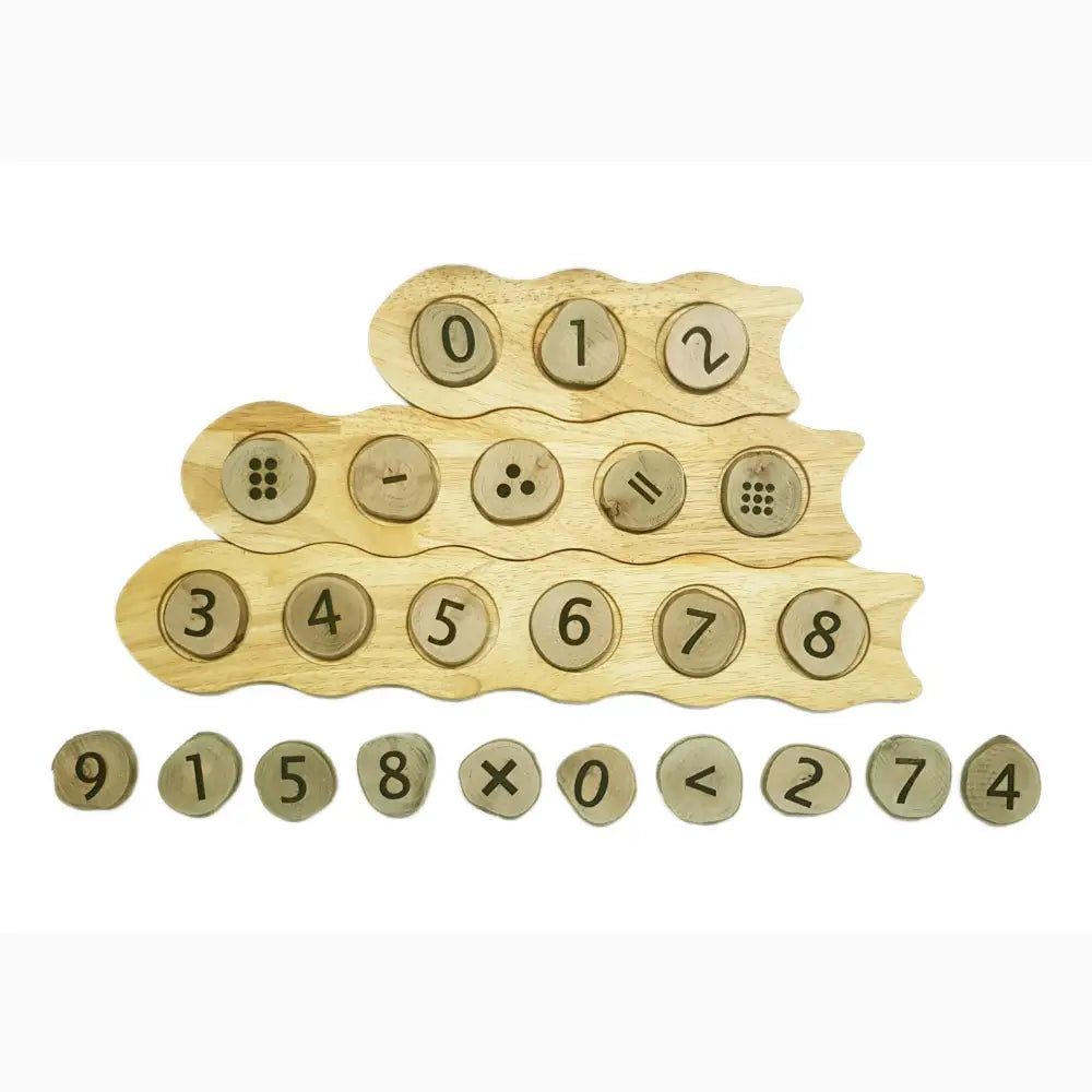 Set of wooden number and symbol discs arranged in rows.