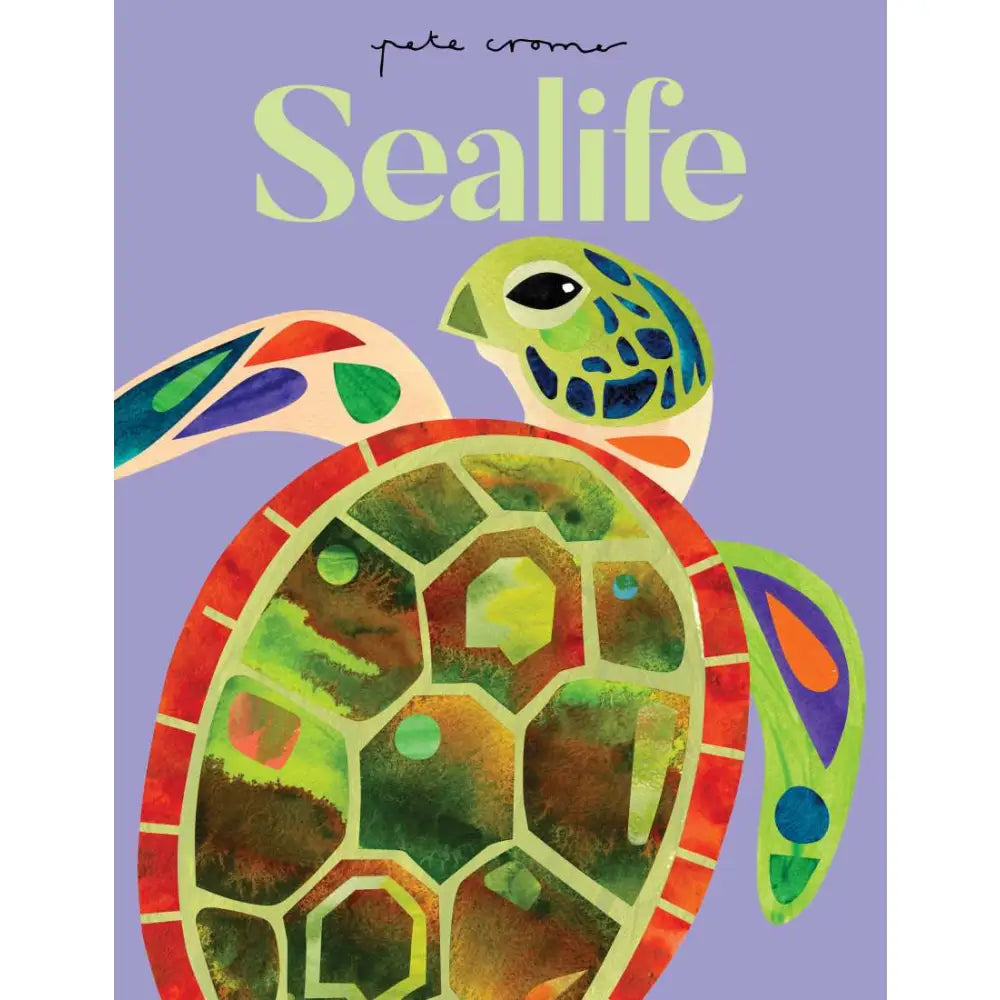 Colorful, stylized sea turtle with geometric patterns on its shell.