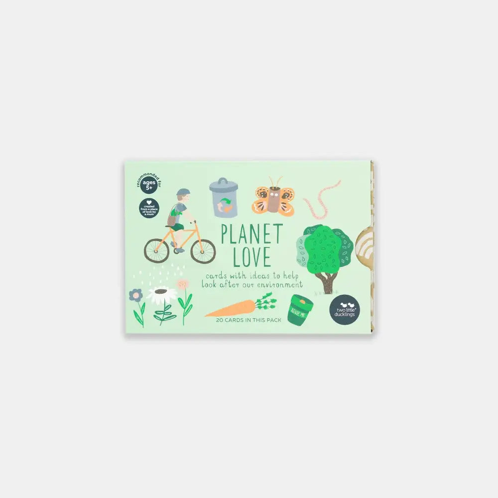 Book or publication cover titled ’Planet Love’ with eco-friendly illustrations.