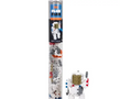 Clear plastic tube containing a space-themed building block set with an astronaut figure visible.