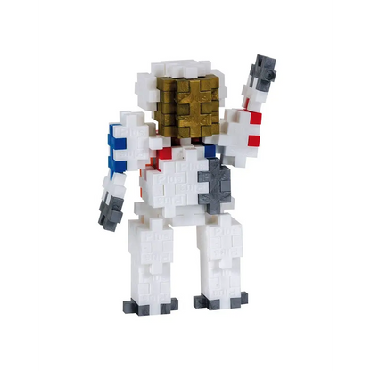 Pixelated block figure resembling an astronaut with a gold-colored helmet.