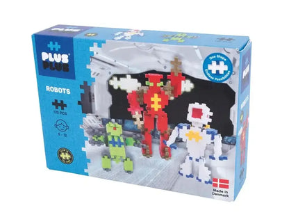 Box of Plus-Plus construction toy blocks featuring robot designs.