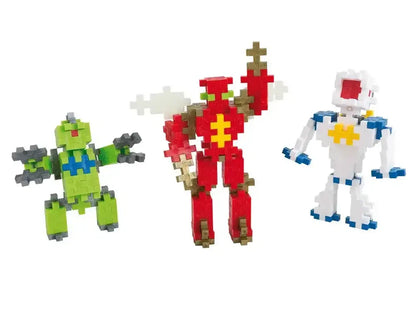 Three pixelated robot-like figures in green, red, and white colors with blocky shapes and simple designs.