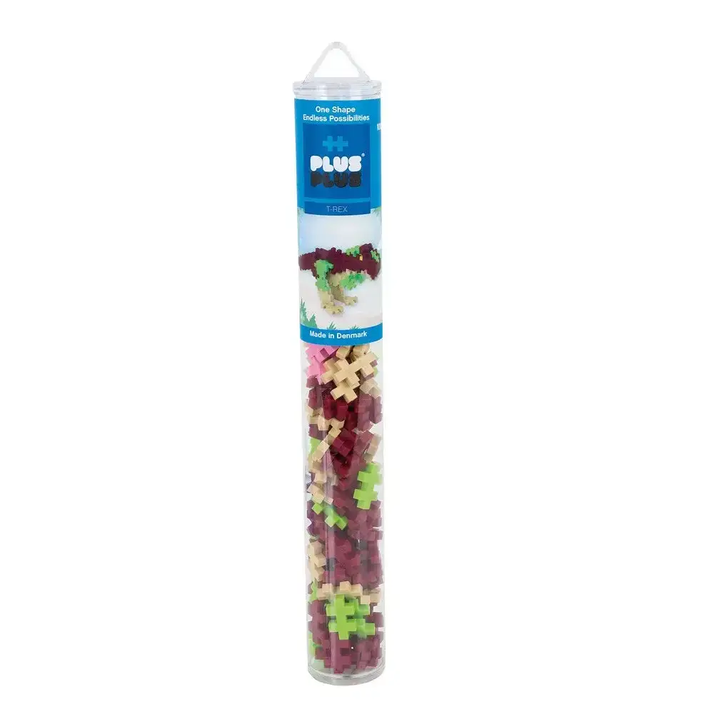 Clear plastic tube filled with colorful Plus-Plus building pieces.
