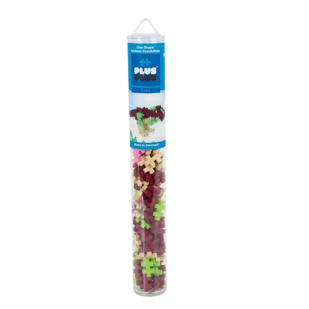 Clear plastic tube filled with colorful Plus-Plus building pieces.