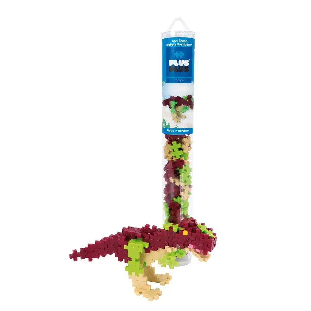 Tube of colorful interlocking plastic building blocks or construction pieces.