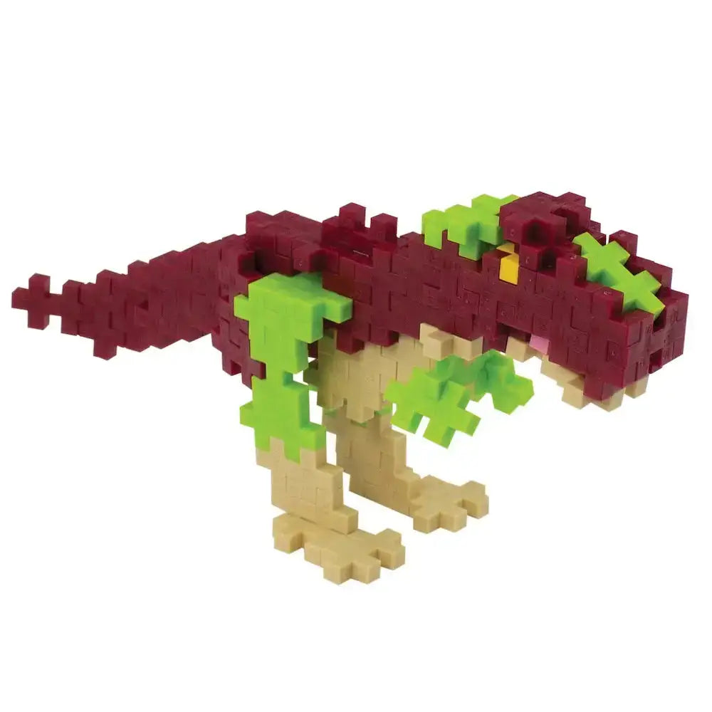 Pixelated dinosaur toy made of interlocking plastic blocks in maroon, green, and tan colors.