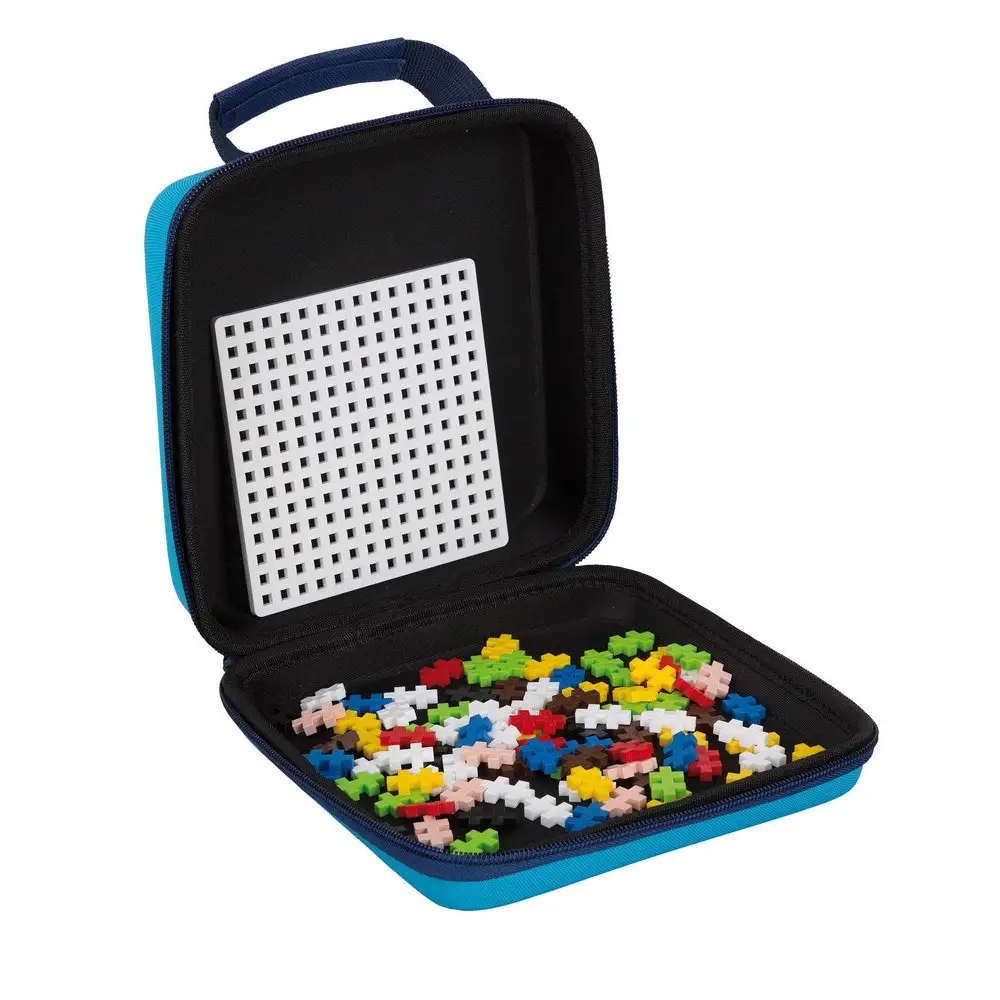 Carrying case containing colorful plastic building blocks and a perforated board.