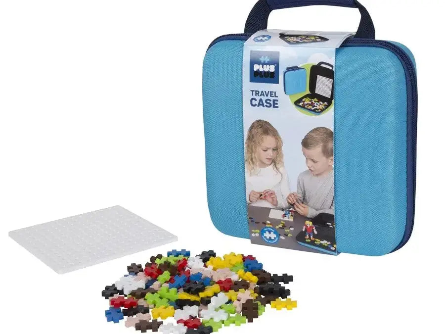 Blue travel case for storing and carrying building blocks or construction toys.