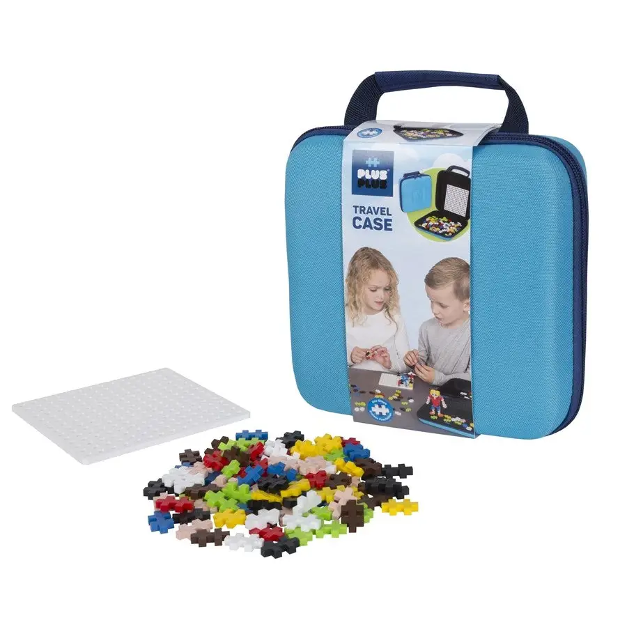 Blue travel case for storing and carrying building blocks or construction toys.