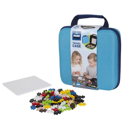 Blue travel case for storing and carrying building blocks or construction toys.