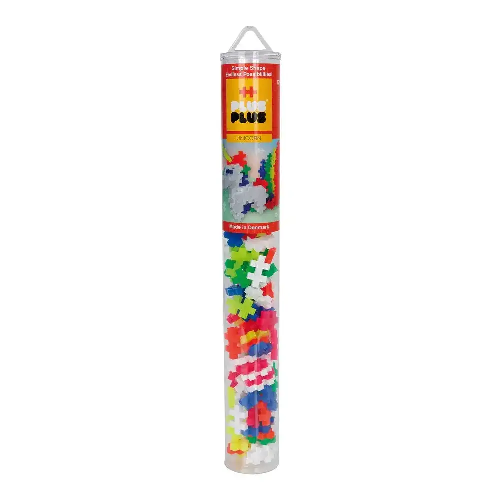 Clear plastic tube filled with colorful Plus-Plus building blocks.
