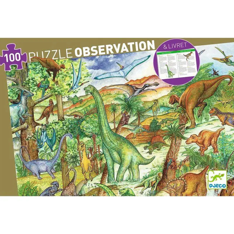 Colorful dinosaur-themed jigsaw puzzle with an observation component and accompanying booklet.