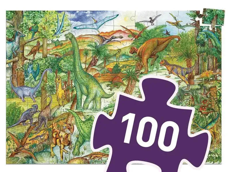 Colorful jigsaw puzzle piece with the number 100 overlaid on a dinosaur scene.