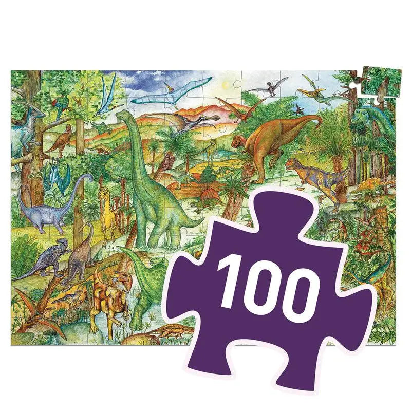 Colorful jigsaw puzzle piece with the number 100 overlaid on a dinosaur scene.