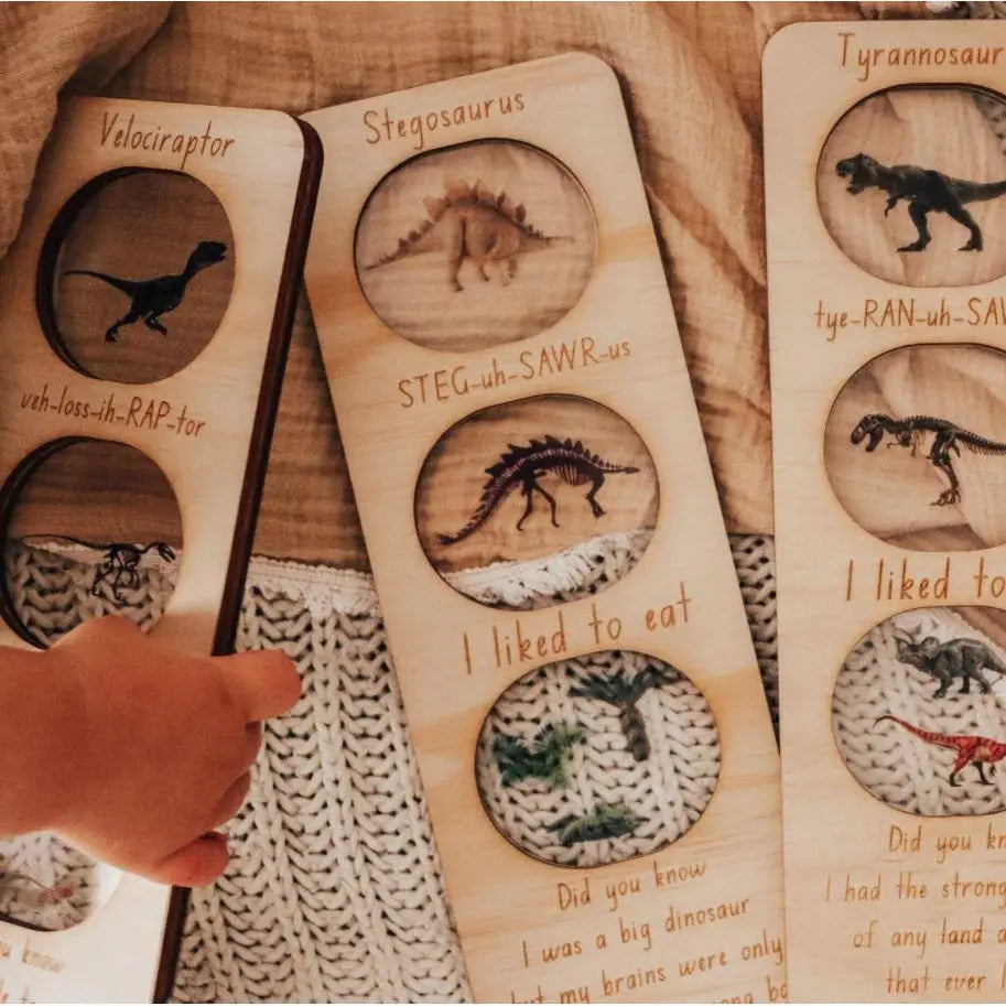 Wooden dinosaur-themed bookmarks with carved silhouettes and fun facts.