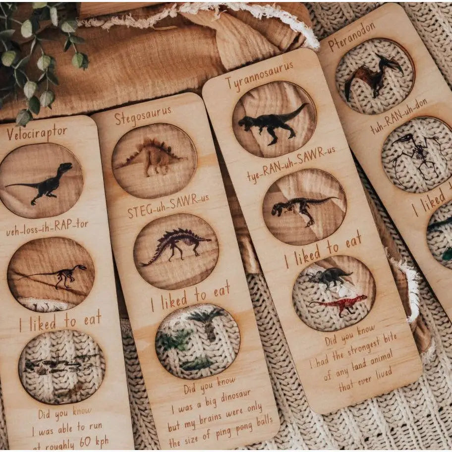 Wooden bookmarks featuring engraved dinosaur illustrations and facts.