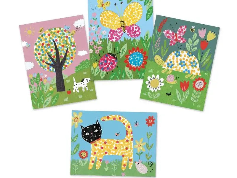 Set of colorful illustrated greeting cards or postcards featuring whimsical nature and animal designs.