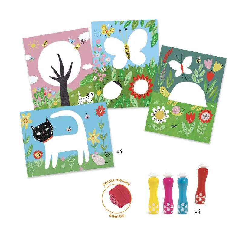 Children’s art kit featuring colorful picture cards and paint daubers for creating nature-themed artwork.