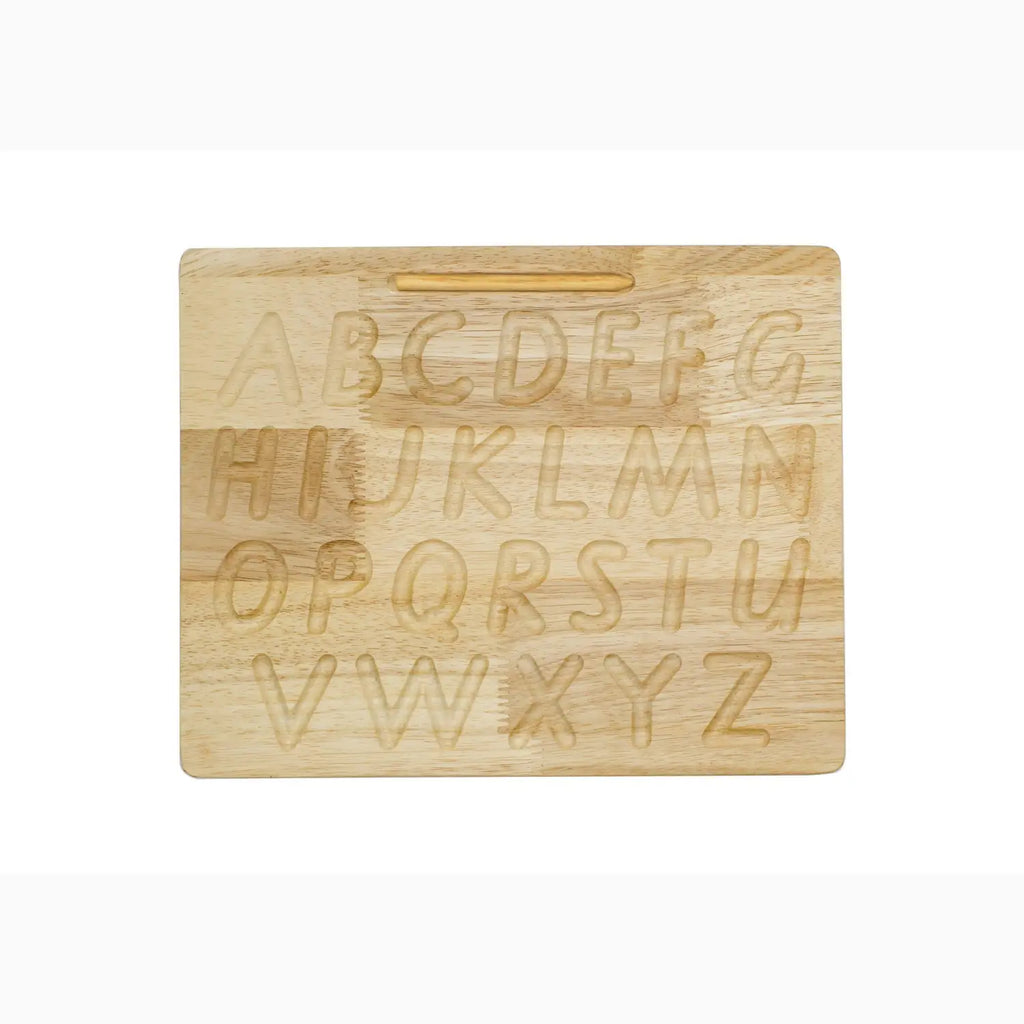 Wooden board with engraved uppercase alphabet letters.