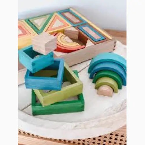 Wooden educational toy set with colorful geometric shapes and nesting pieces.