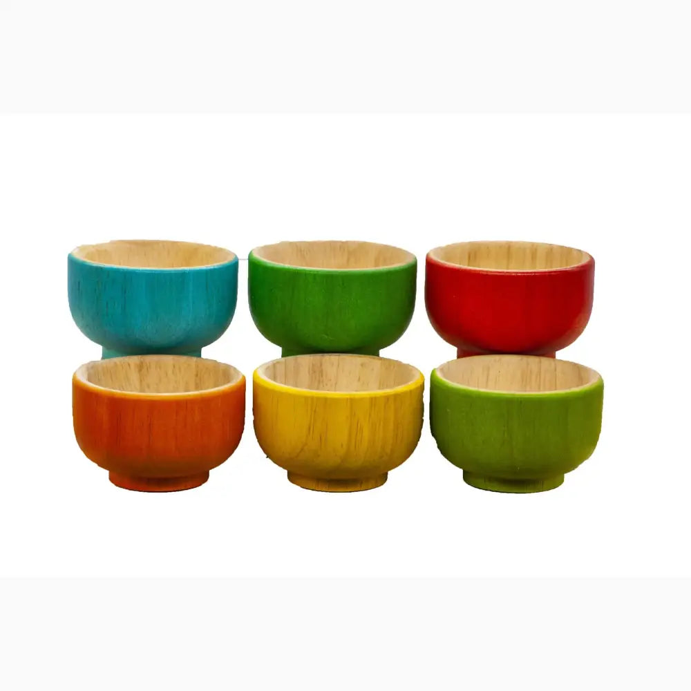 Set of six colorful ceramic bowls arranged in two rows.