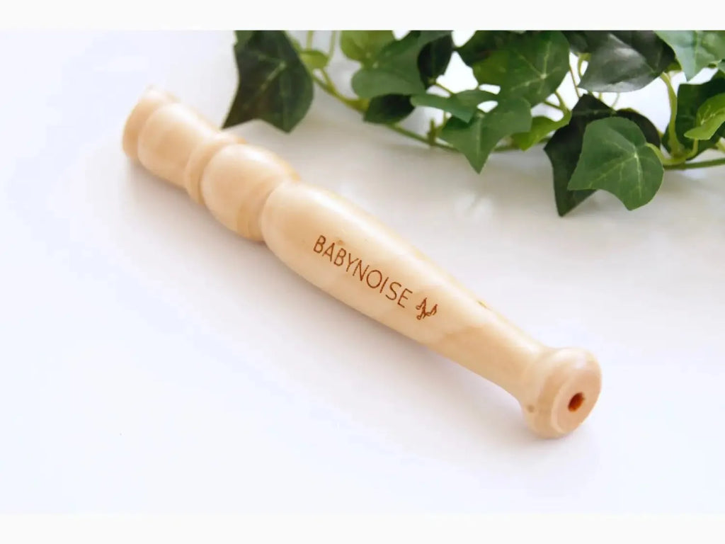 Wooden flute or whistle with ’BABYNOISE’ engraved on it.