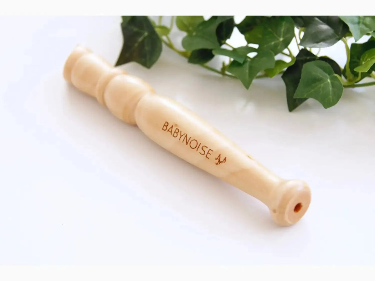 Wooden flute or whistle with ’BABYNOISE’ engraved on it.