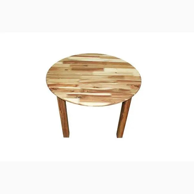 Round wooden table with three legs.