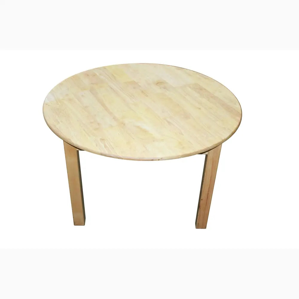 Round wooden table with a light-colored top and simple legs.