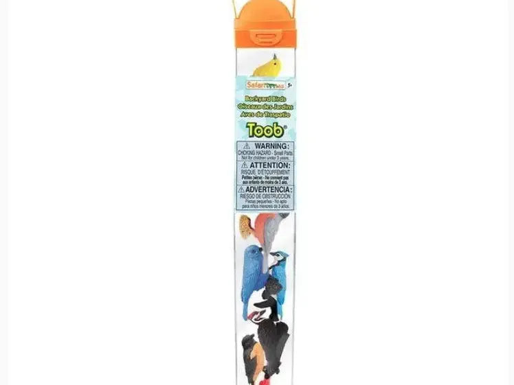 Tube-shaped container filled with small toy animal figurines, featuring an orange cap and handle.